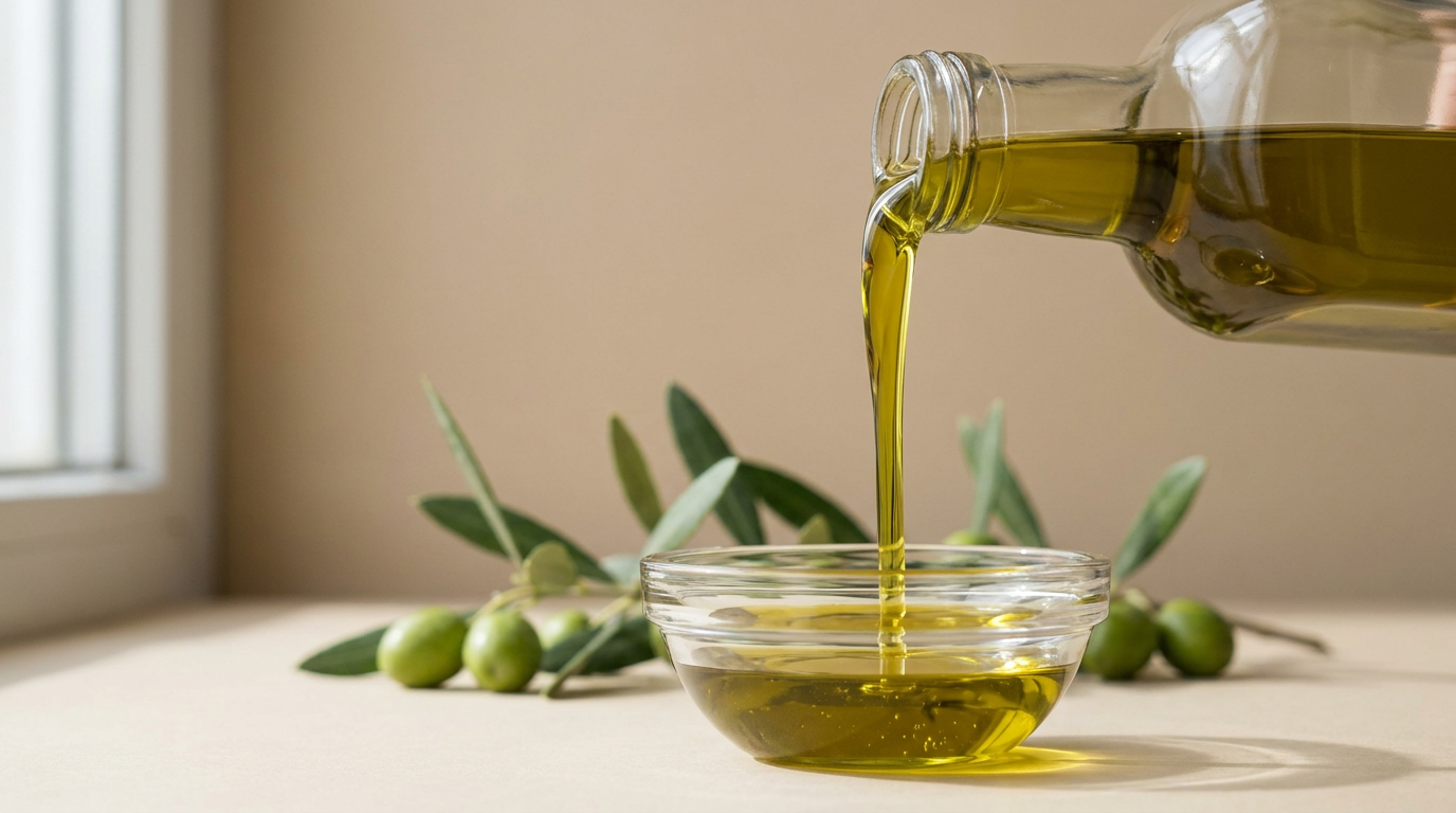 Olive oil poured in a plain glass, showing natural color